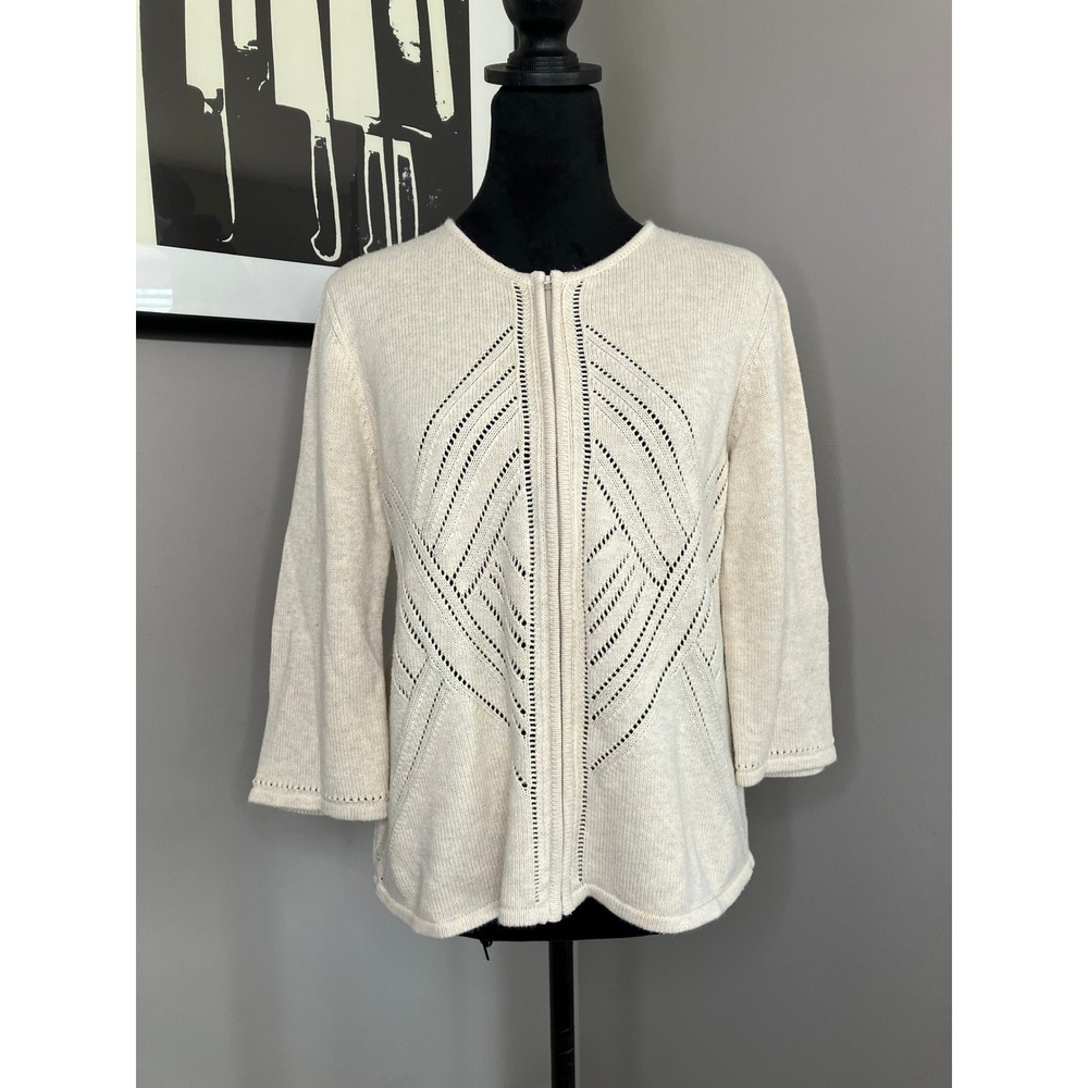 Orvis Zip Front 3/4 Sleeve Cotton Knit Cardigan Sweater Womens Cream Medium